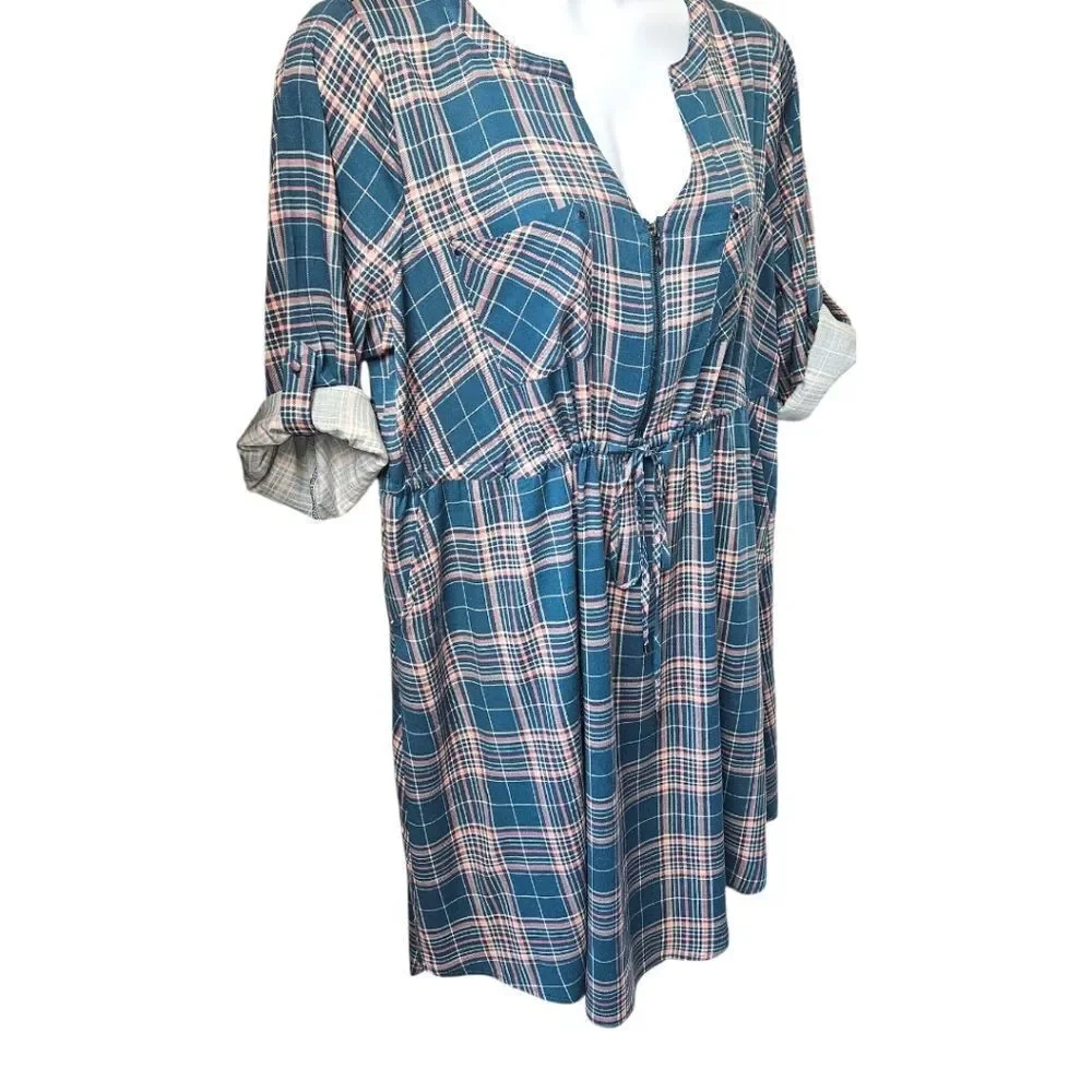 TORRID Blue & Pink Plaid Long Sleeve Stretch Challis Zip-Front Midi Dress 2X
